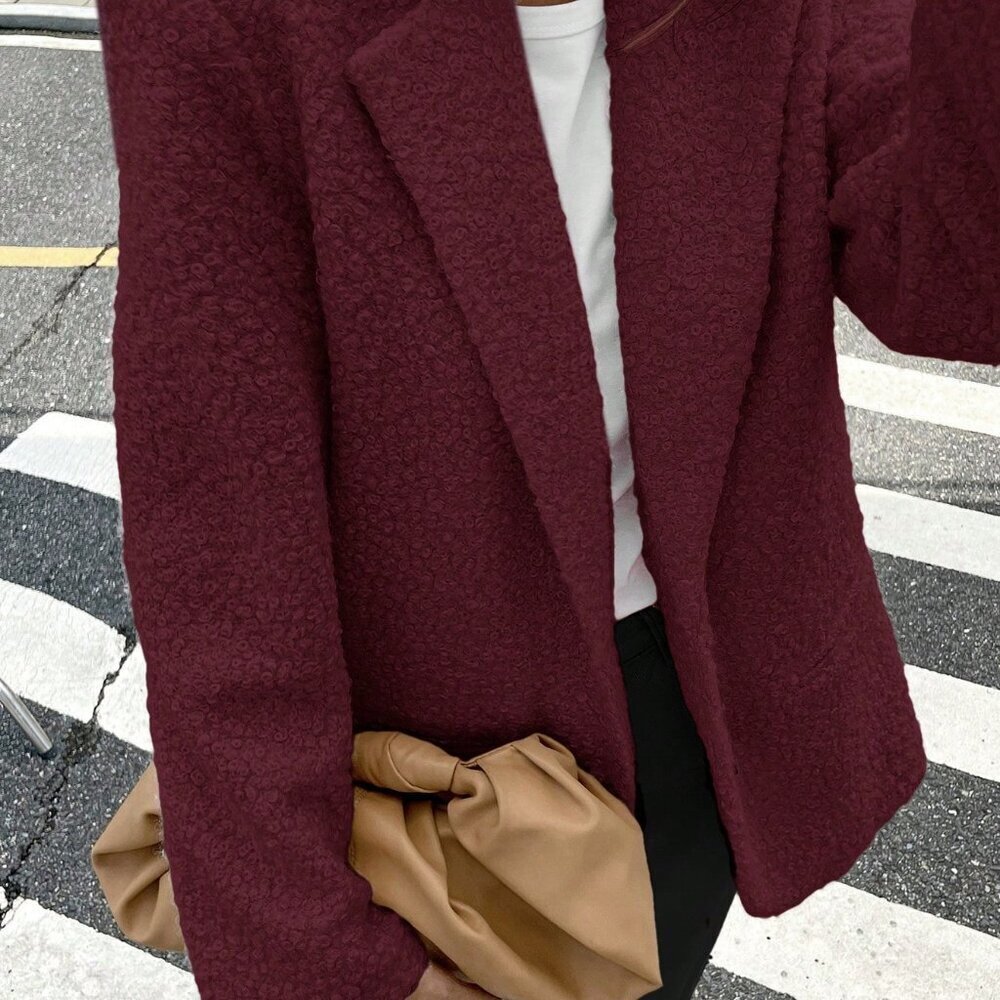 Burgundy Casual Women's Textured Notched Collar Blazer Jacket - Picture 7 of 7